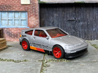 Custom Hot Wheels 1988 Honda CRX in satin gray, red, black and orange with red mag wheels and rubber tires
