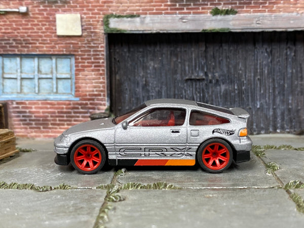 Custom Hot Wheels 1988 Honda CRX in satin gray, red, black and orange with red mag wheels and rubber tires