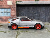 Custom Hot Wheels 1988 Honda CRX in satin gray, red, black and orange with red mag wheels and rubber tires