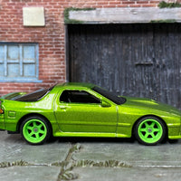 Custom Hot Wheels - 1989 Mazda Rx7 Savanna- Green - Green 6 Spoke Wheels - Rubber Tires