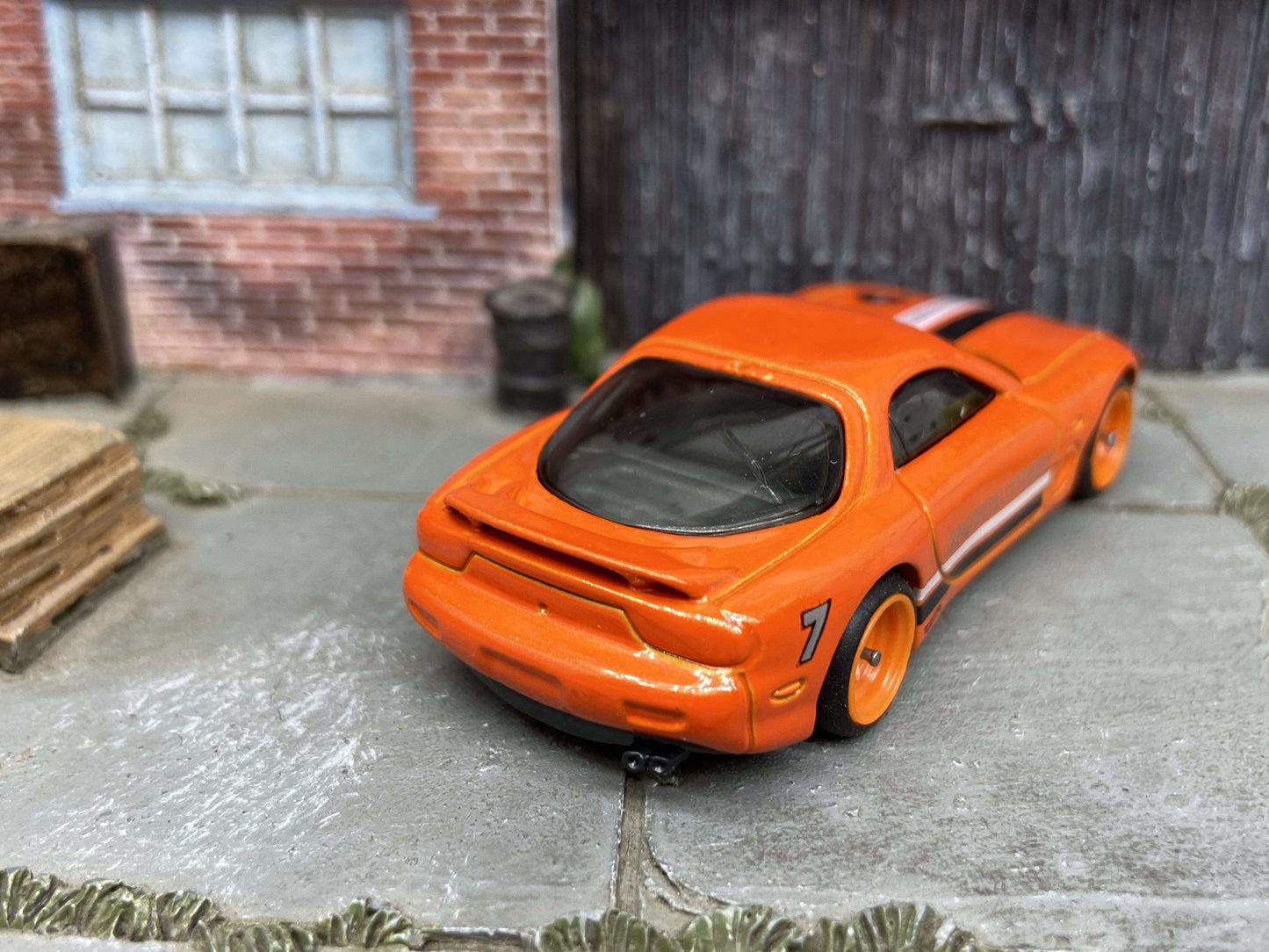 Custom Hot Wheels 1995 Mazda RX-7 In Orange With Orange 4 Spoke Deep Dish Wheels With Rubber Tires