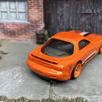 Custom Hot Wheels 1995 Mazda RX-7 In Orange With Orange 4 Spoke Deep Dish Wheels With Rubber Tires