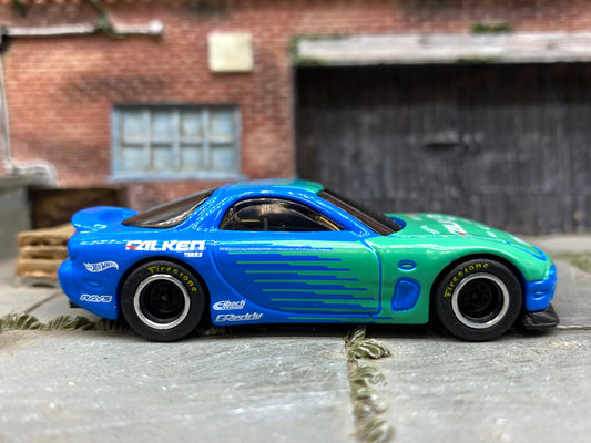 Custom Hot Wheels 1995 Mazda RX7 In Blue and Green  Falken Tires With Black and Chrome Steel Wheels With Firestone Tires