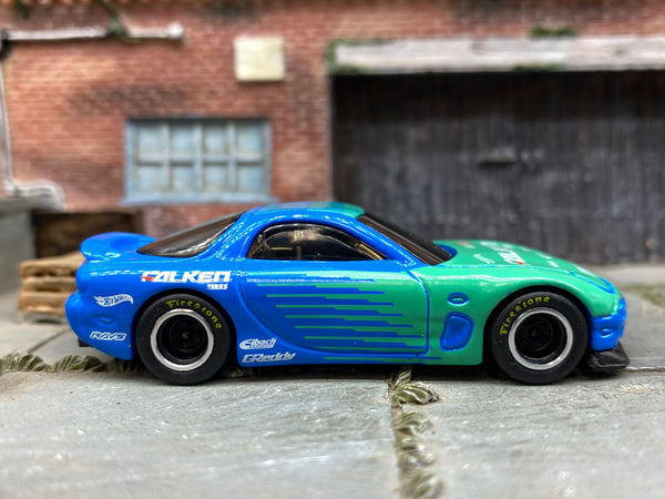 Custom Hot Wheels 1995 Mazda RX7 In Blue and Green  Falken Tires With Black and Chrome Steel Wheels With Firestone Tires
