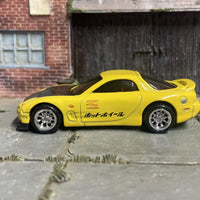 Custom Hot Wheels 1995 Mazda RX7 In Yellow With BBS Racing Wheels With Rubber Tires