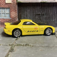 Custom Hot Wheels 1995 Mazda RX7 In Yellow With BBS Racing Wheels With Rubber Tires