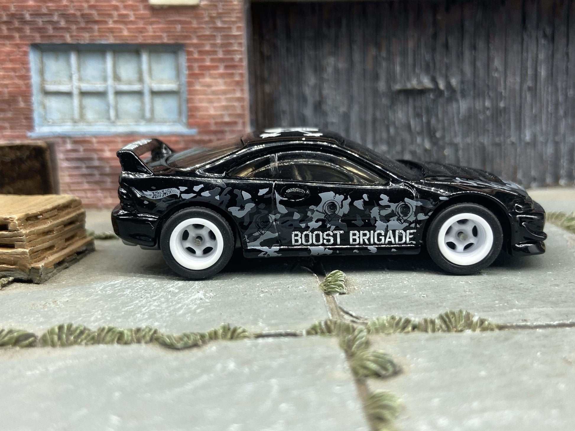 Custom Hot Wheels 2001 Acura Integra GSR In Black and White With Boost Brigade Livery With White 5 Spoke Race Wheels With Rubber Tires