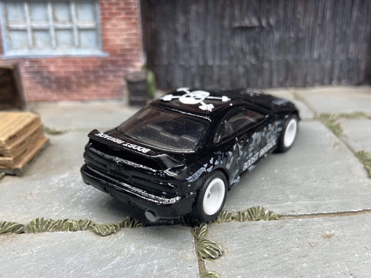 Custom Hot Wheels 2001 Acura Integra GSR In Black and White With Boost Brigade Livery With White 5 Spoke Race Wheels With Rubber Tires