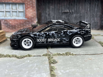 Custom Hot Wheels 2001 Acura Integra GSR In Black and White With Boost Brigade Livery With White 5 Spoke Race Wheels With Rubber Tires