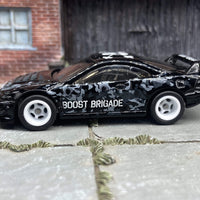 Custom Hot Wheels 2001 Acura Integra GSR In Black and White With Boost Brigade Livery With White 5 Spoke Race Wheels With Rubber Tires