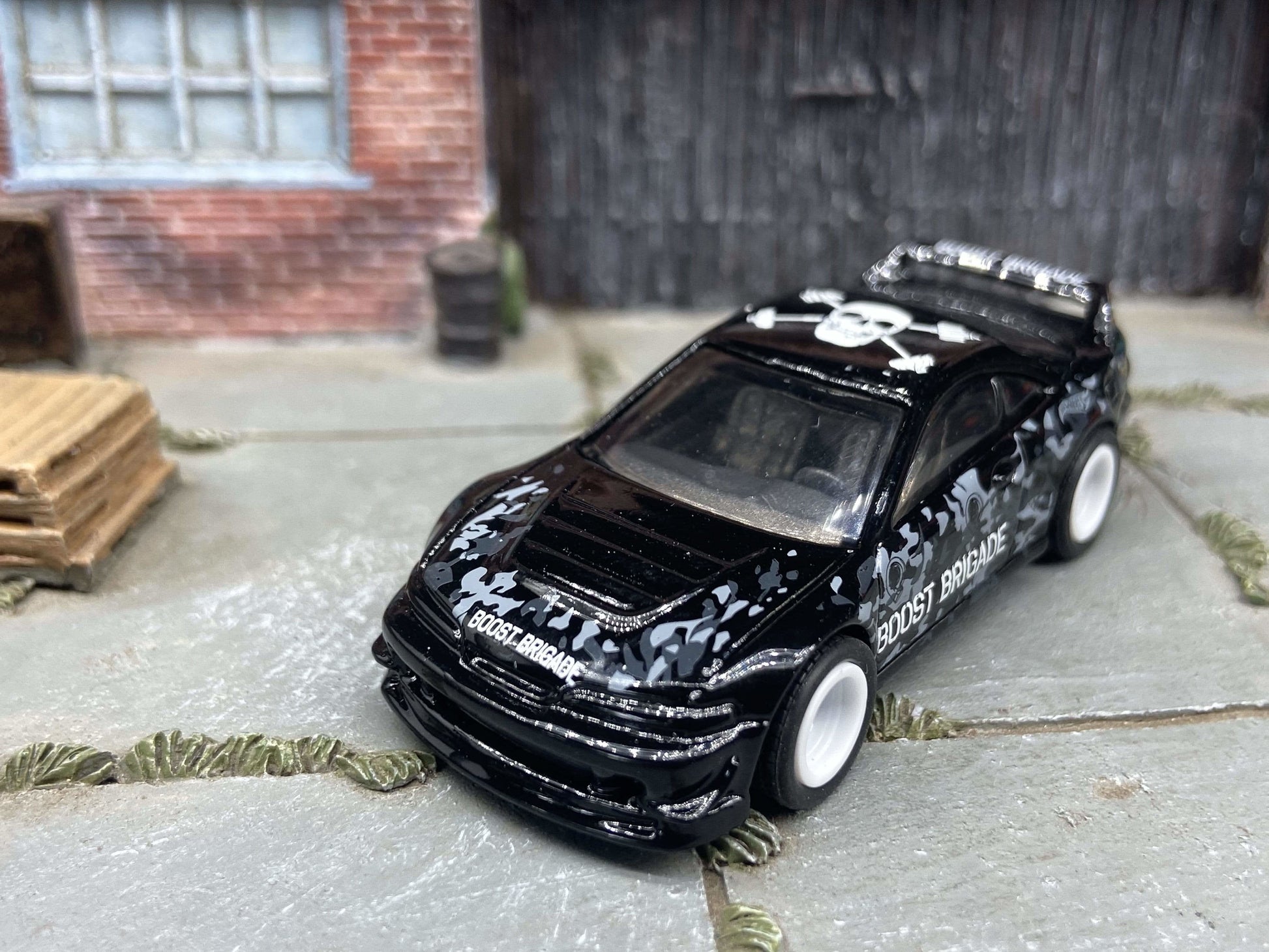 Custom Hot Wheels 2001 Acura Integra GSR In Black and White With Boost Brigade Livery With White 5 Spoke Race Wheels With Rubber Tires