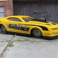 Custom Hot Wheels 2010 Chevy Camaro Pro Stock Drag Car In Mooneyes Racing Yellow With Gray Smoothie Race Wheels With Goodyear Cheater Slicks Rubber Tires