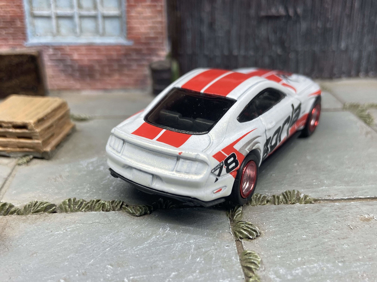 Custom Hot Wheels 2015 Ford Mustang GT In White and Red With Borla Livery With Chrome and Red 5 Spoke Race Wheels With Rubber Tires