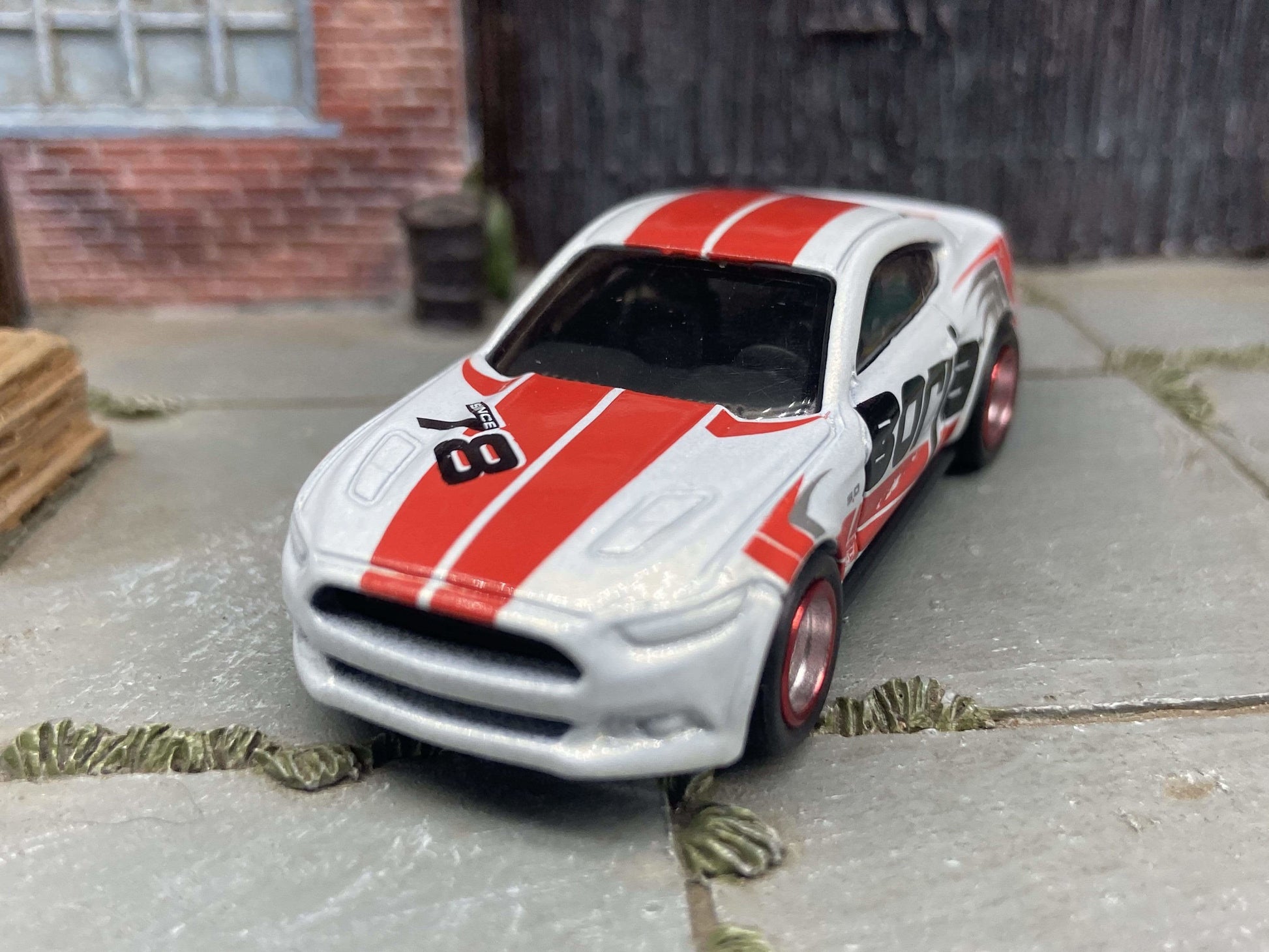 Custom Hot Wheels 2015 Ford Mustang GT In White and Red With Borla Livery With Chrome and Red 5 Spoke Race Wheels With Rubber Tires