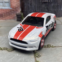 Custom Hot Wheels 2015 Ford Mustang GT In White and Red With Borla Livery With Chrome and Red 5 Spoke Race Wheels With Rubber Tires