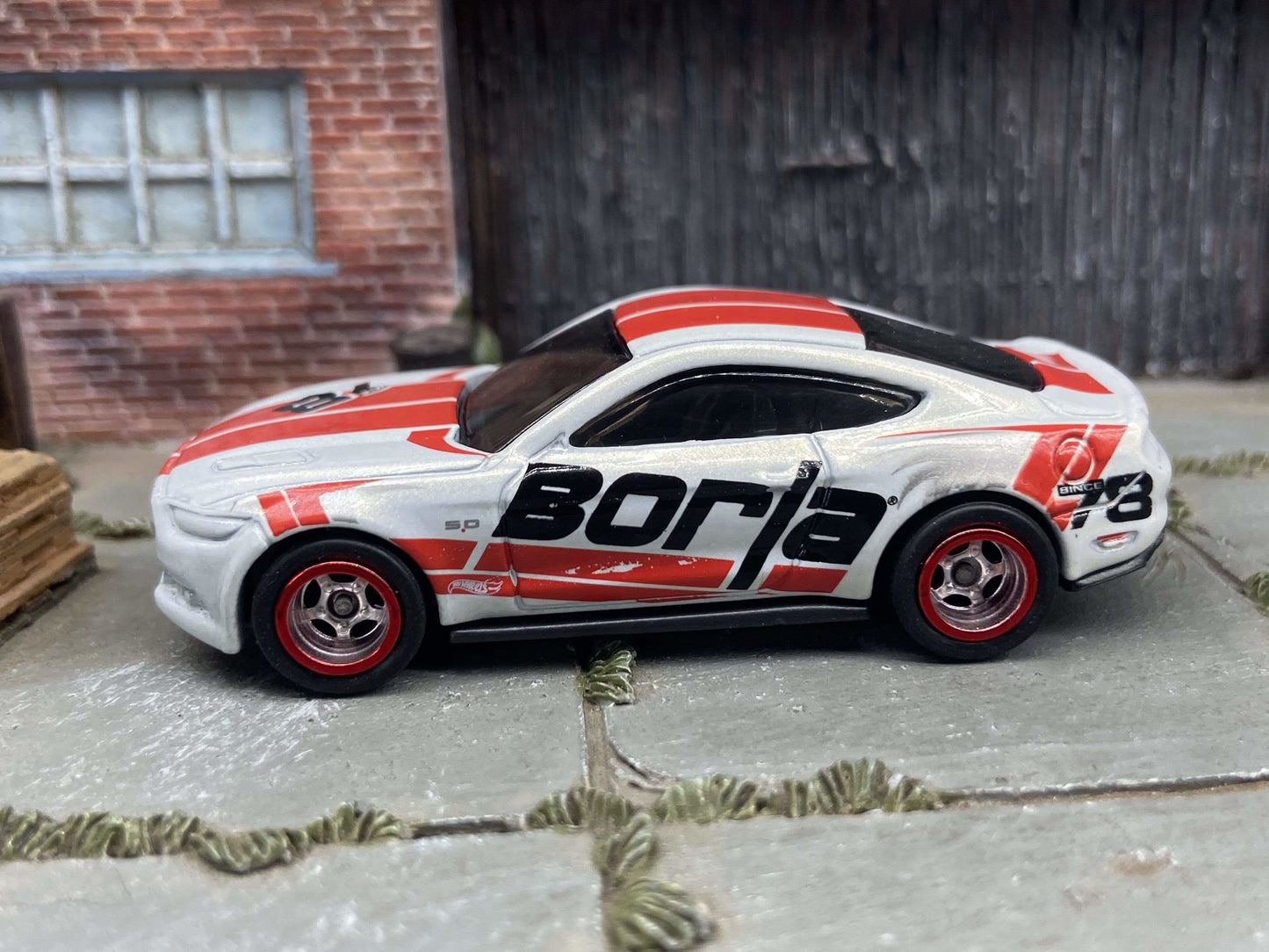 Custom Hot Wheels 2015 Ford Mustang GT In White and Red With Borla Livery With Chrome and Red 5 Spoke Race Wheels With Rubber Tires