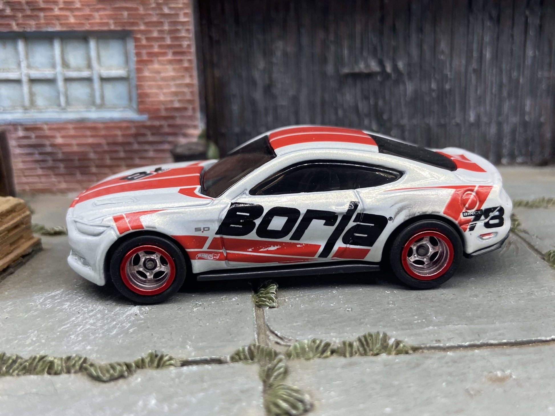Custom Hot Wheels 2015 Ford Mustang GT In White and Red With Borla Livery With Chrome and Red 5 Spoke Race Wheels With Rubber Tires