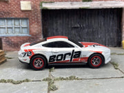 Custom Hot Wheels 2015 Ford Mustang GT In White and Red With Borla Livery With Chrome and Red 5 Spoke Race Wheels With Rubber Tires