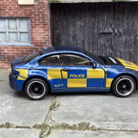 Custom Hot Wheels 2016 BMW M2 In Police Blue and Yellow Livery With Black and Chrome 4 Spoke Wheels With Rubber Tires