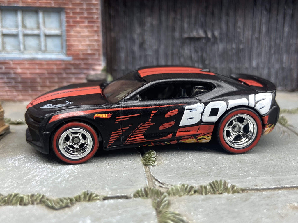 Custom Hot Wheels 2016 Chevy Camaro SS In Black and Red With Borla Livery With Chrome 5 Spoke Race Wheels With Redline Rubber Tires
