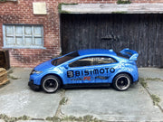 Custom Hot Wheels 2016 Honda Civic Type R In BISIMOTO Blue With Black and Chrome 4 Spoke Wheels With Rubber Tires