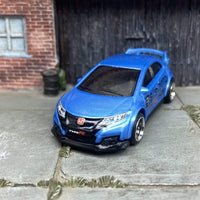 Custom Hot Wheels 2016 Honda Civic Type R In BISIMOTO Blue With Black and Chrome 4 Spoke Wheels With Rubber Tires