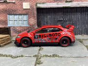 Custom Hot Wheels 2016 Honda Civic Type R In BISIMOTO Red With Black and Red 4 Spoke Wheels With Rubber Tires
