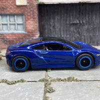 Custom Hot Wheels 2017 Acura NSX In Blue With Black and Blue 5 Spoke Race Wheels With Rubber Tires