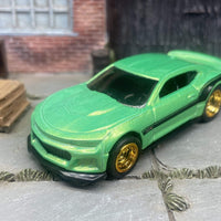 Custom Hot Wheels 2017 Camaro ZL1 In Green and Black With Gold 5 Spoke Deep Dish Racing Wheels With Rubber Tires