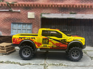 Custom Hot Wheels - 2017 Ford F150 Raptor 4x4 - Yellow, Red and Black - Gray 6 Spoke Wheels - Off Rubber Tires