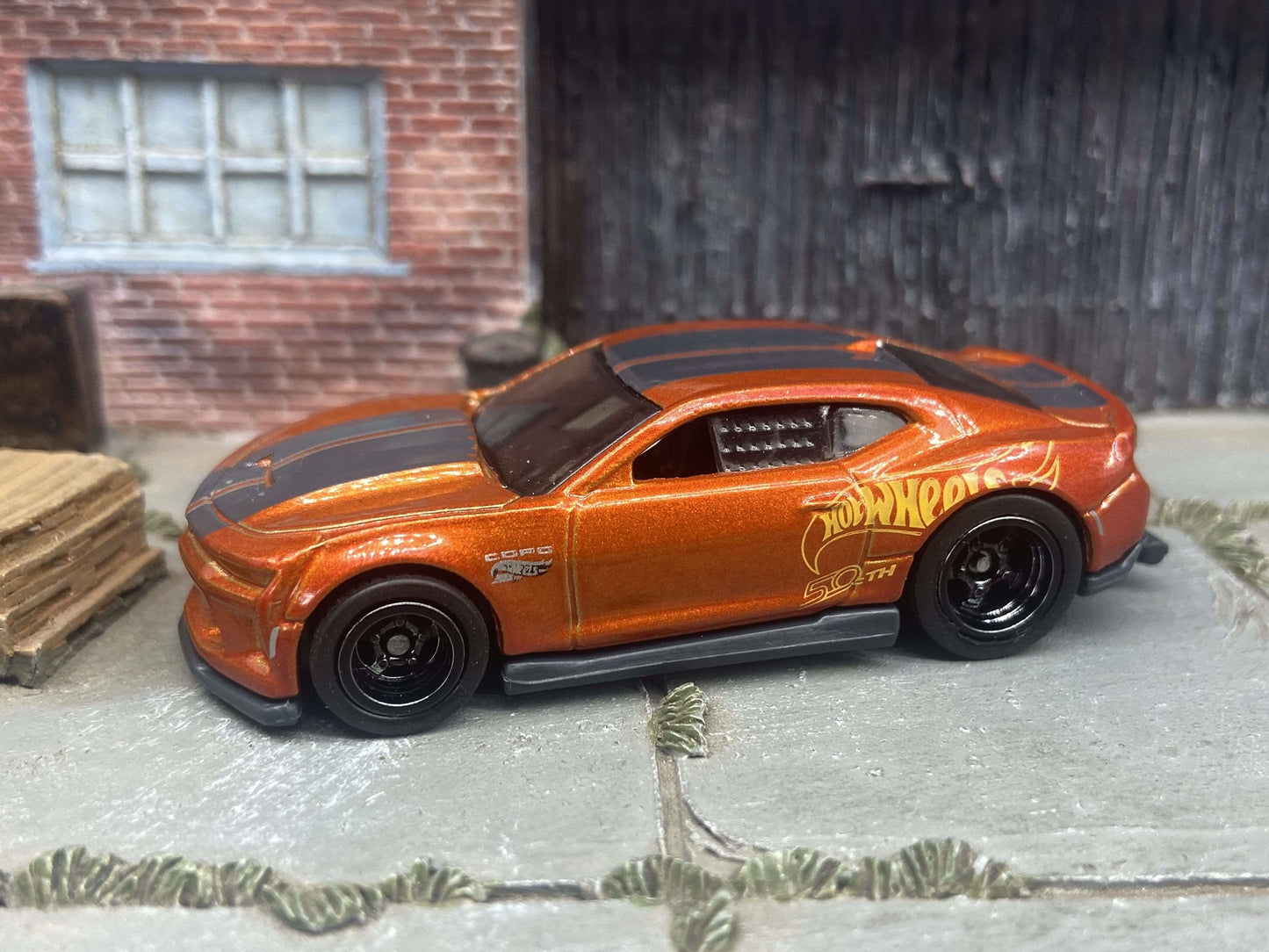 Custom Hot Wheels 2018 Camaro COPO In Orange and Black With Black 5 Spoke Deep Dish Racing Wheels With Rubber Tires