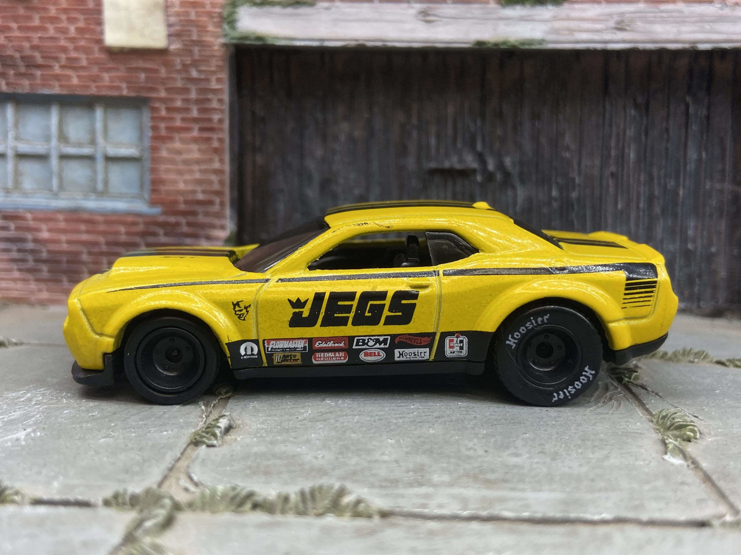 Custom Hot Wheels 2018 Dodge Challenger SRT Demon in Jegs Yellow and Black With Black Race Wheels With Hoosier Rubber Tires
