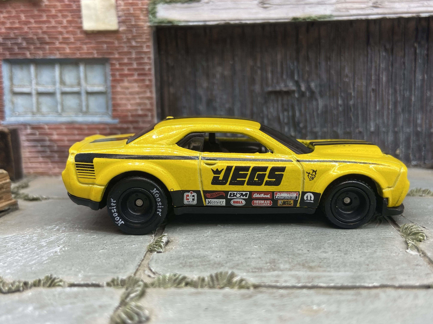 Custom Hot Wheels 2018 Dodge Challenger SRT Demon in Jegs Yellow and Black With Black Race Wheels With Hoosier Rubber Tires