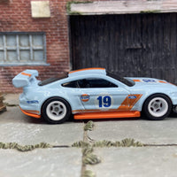 Custom Hot Wheels 2018 Ford Mustang GT Race Car In Gulf Blue, White and Orange With White 5 Spoke Race Wheels With Rubber Tires