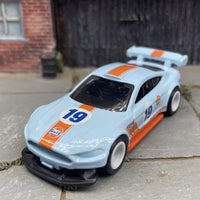 Custom Hot Wheels 2018 Ford Mustang GT Race Car In Gulf Blue, White and Orange With White 5 Spoke Race Wheels With Rubber Tires