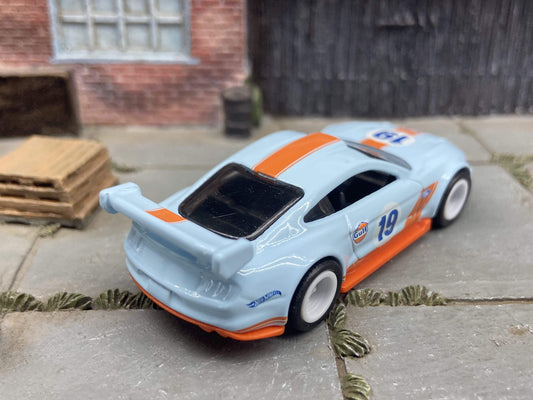 Custom Hot Wheels - 2018 Ford Mustang GT Race Car - Gulf Blue, White and Orange - White 5 Spoke Race Wheels - Rubber Tires
