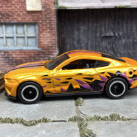 Custom Hot Wheels 2018 Mustang GT In Orange With Black and Chrome 5 Spoke Wheels With Rubber Tires