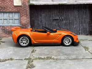 Custom Hot Wheels 2019 Chevy Corvette ZR1 Convertible In Orange With Chrome BBS Wheels With Rubber Tires