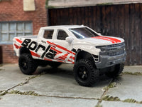 Custom Hot Wheels - 2019 Chevy Silverado Trail Boss LT 4x4 - White and Red Borla - Satin Black 6 Spoke Wheels - Off Road Rubber Tires