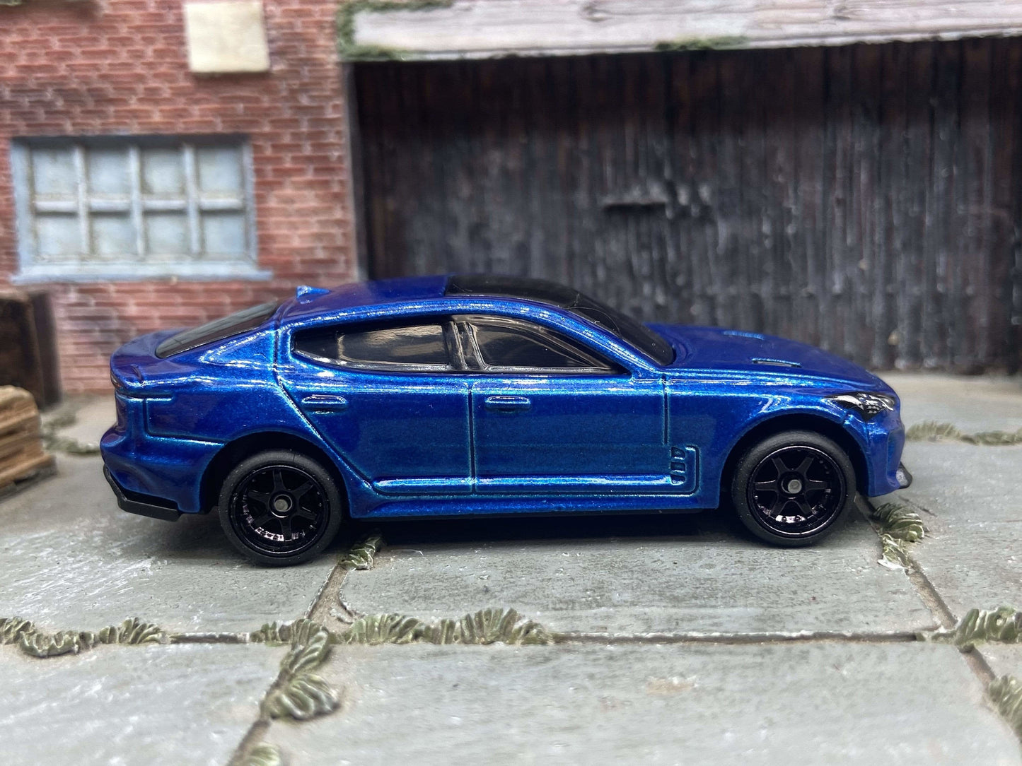 Custom Hot Wheels 2019 Kia Stinger GT In Blue With Black 6 Spoke Studded Race Wheels With Rubber Tires