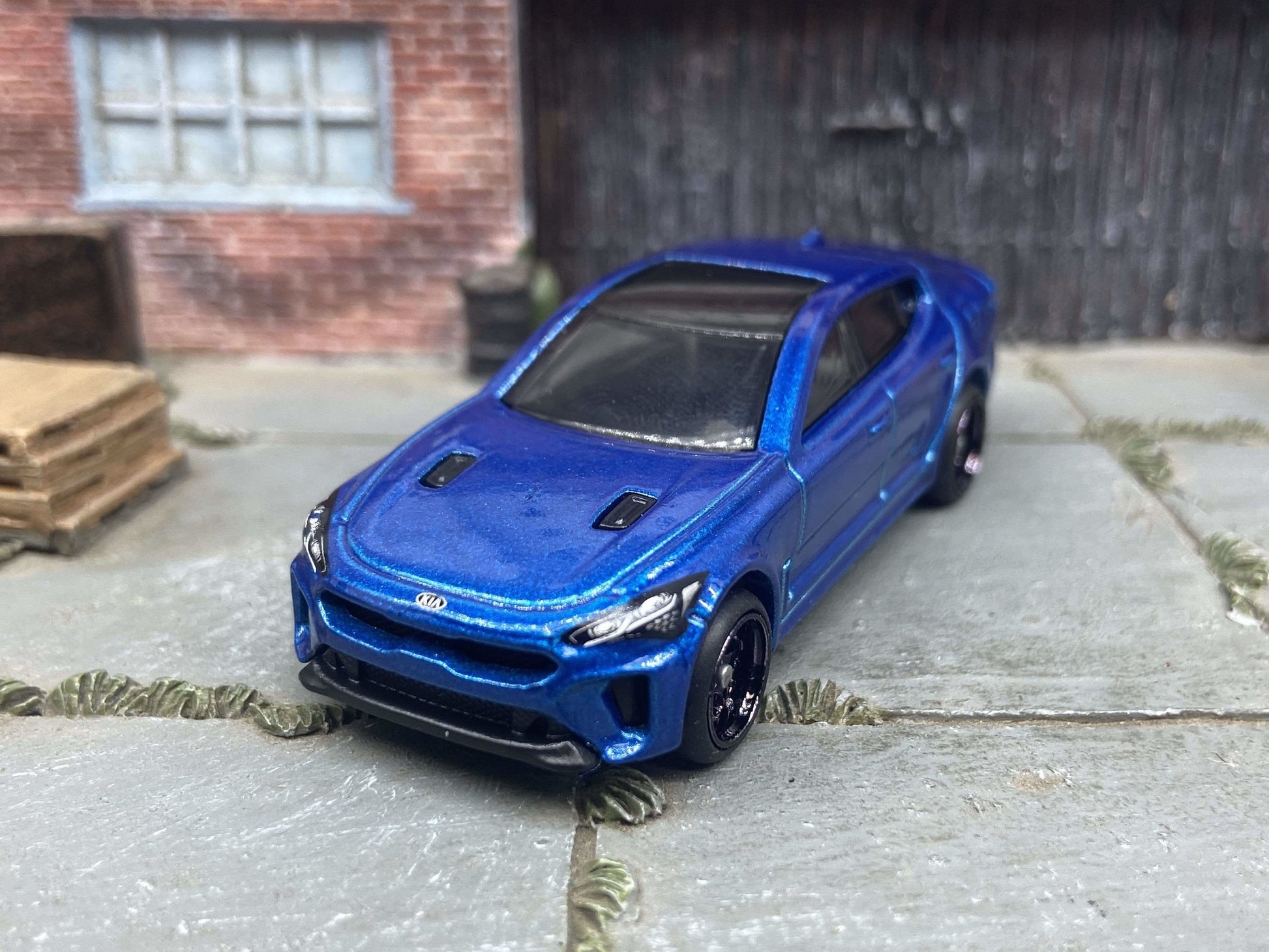 Custom Hot Wheels 2019 Kia Stinger GT In Blue With Black 6 Spoke Studded Race Wheels With Rubber Tires