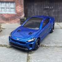 Custom Hot Wheels 2019 Kia Stinger GT In Blue With Black 6 Spoke Studded Race Wheels With Rubber Tires