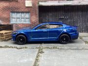 Custom Hot Wheels 2019 Kia Stinger GT In Blue With Black 6 Spoke Studded Race Wheels With Rubber Tires