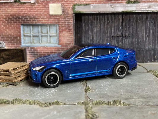 Custom Hot Wheels 2019 Kia Stinger GT In Blue With Black and Chrome 5 Spoke Wheels With Rubber Tires