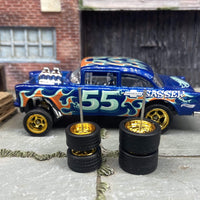 Custom Hot Wheels 55 CHEVY GASSER Wheels With Rubber Tires - Gold 5 Spoke Deep Dish