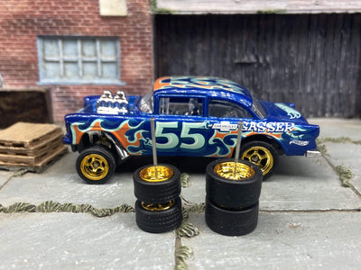 Custom Hot Wheels 55 CHEVY GASSER Wheels With Rubber Tires - Gold 5 Spoke Deep Dish