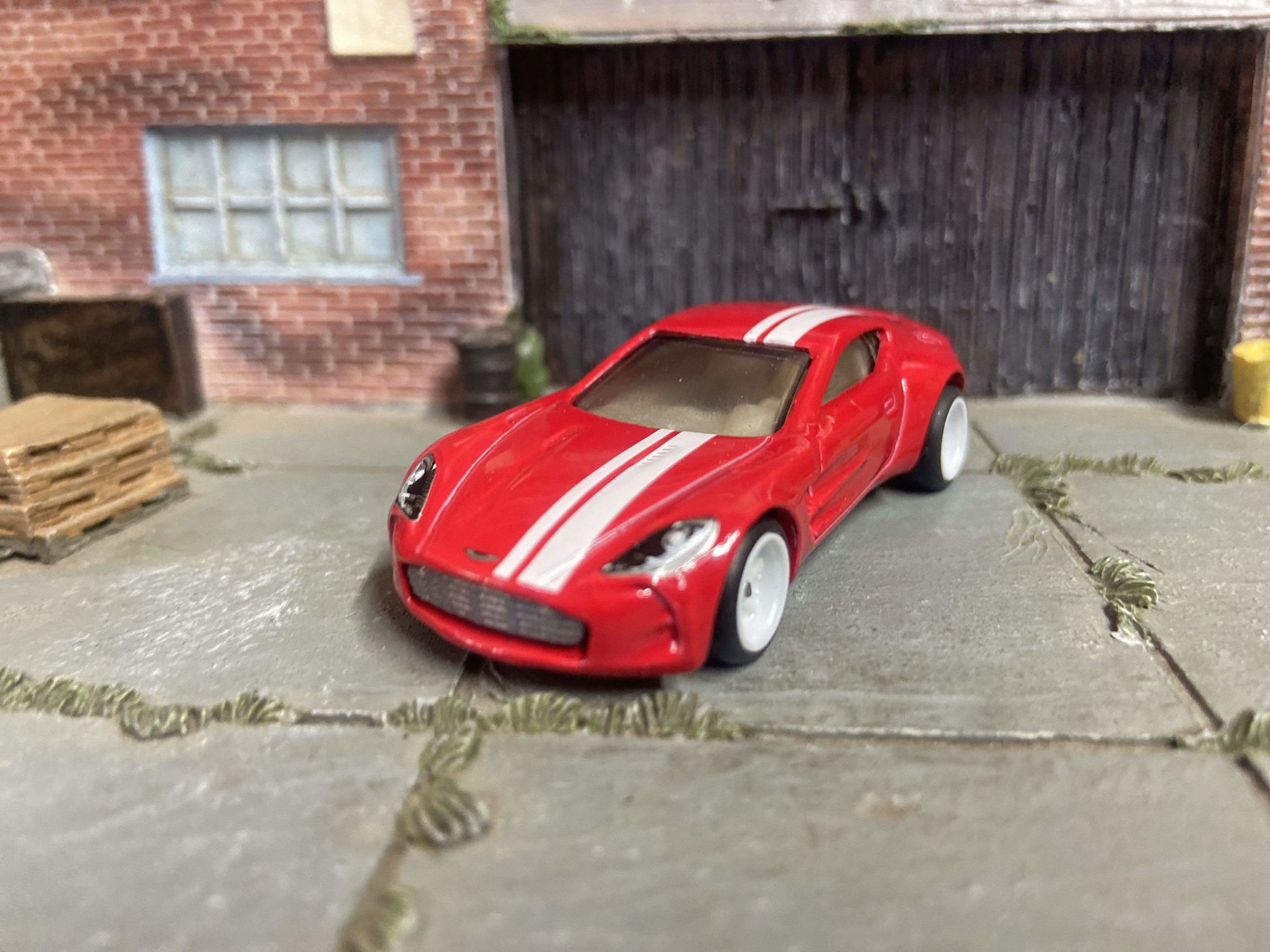 Custom Hot Wheels Aston Martin One-77 Race Car In Red and White With White 6 Spoke Wheels With Rubber Tires