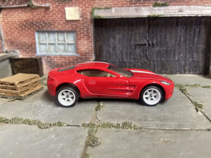 Custom Hot Wheels Aston Martin One-77 Race Car In Red and White With White 6 Spoke Wheels With Rubber Tires