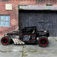 Custom Hot Wheels - Boneshaker Hot Rod - Black and Red - Black and Red 5 Spoke Wheels - Rubber Tires