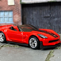 Custom Hot Wheels - Chevy Corvette C7 Z06 Convertible - Red and Black - Chrome American Racing Wheels - Rubber Tires
